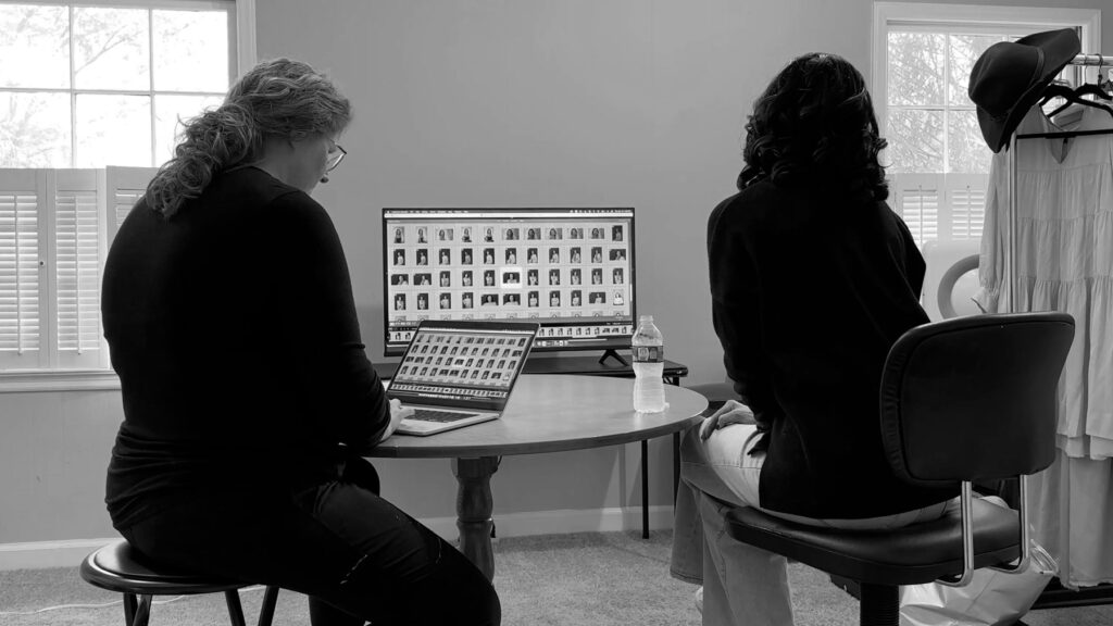 Jennifer reviews images with a client immediately after a brand experience session with Redhead Creative Media in Chapel Hill, NC.