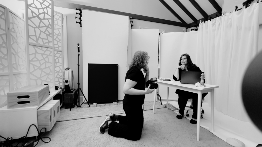 Jennifer directs posing for a Brand Authority client in studio at Redhead Creative Media in Chapel Hill, NC.